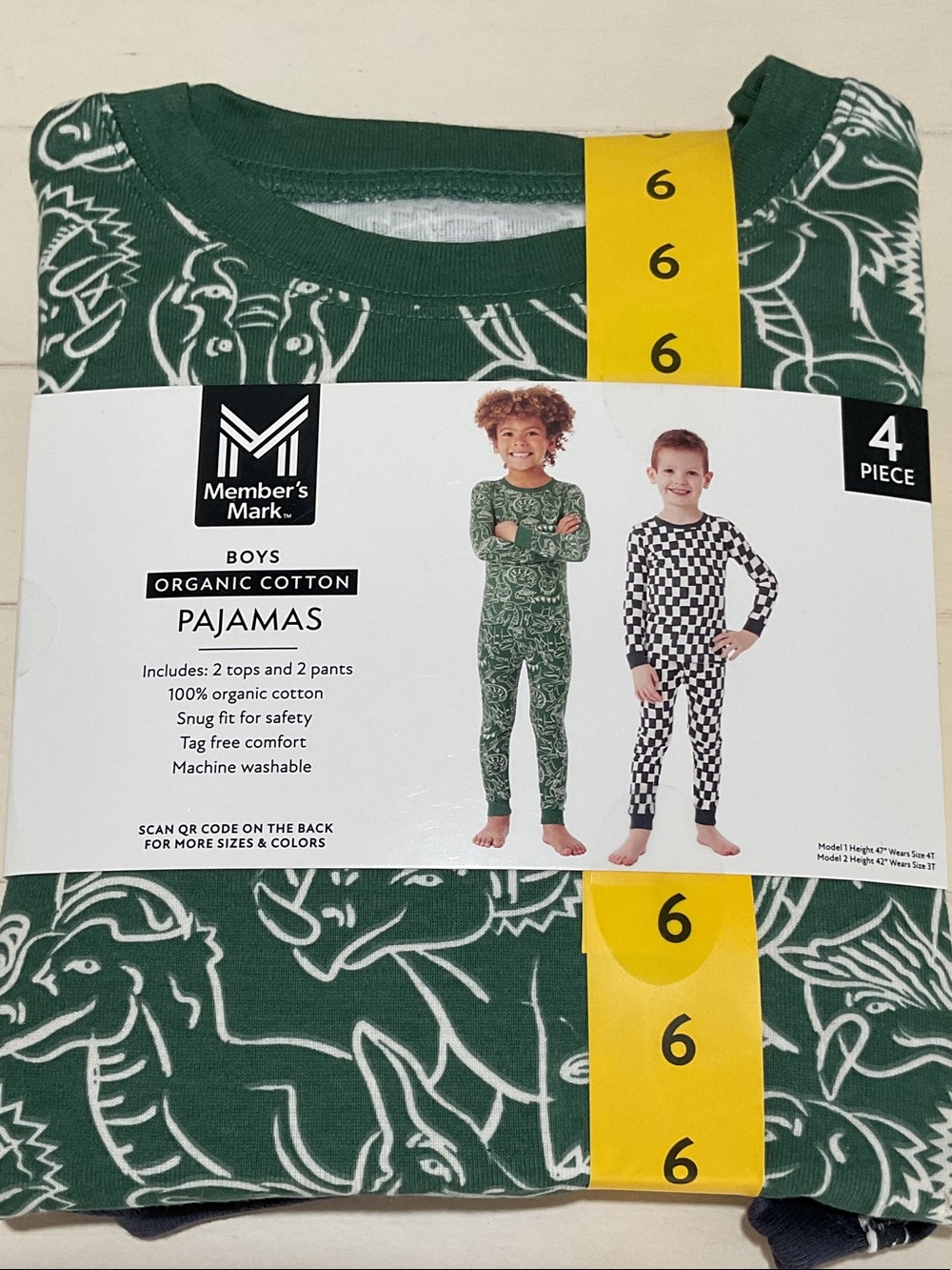 Member's Mark Boys Organic Cotton Green Dinosaur Pajama Set - 4 Piece